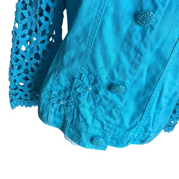 Just B Turquoise Eyelet Embroidered Jacket Size S | Floral Lace Sleeves & Beaded - Picture 5 of 10